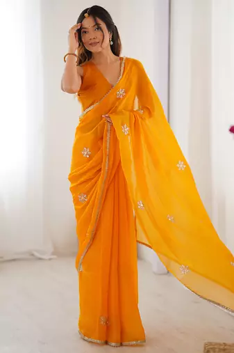 yellow fandy silk blend moti & val sequence designer saree