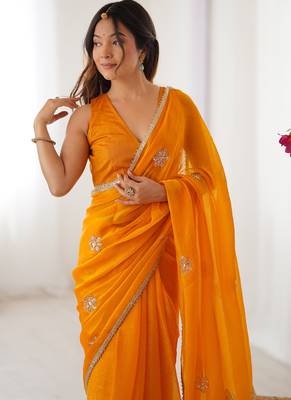 yellow fandy silk blend moti & val sequence designer saree 3