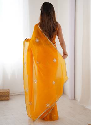 yellow fandy silk blend moti & val sequence designer saree 4