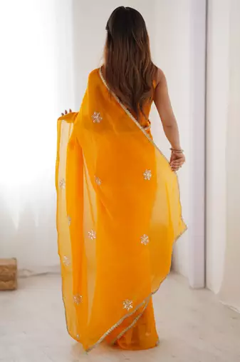 yellow fandy silk blend moti & val sequence designer saree
