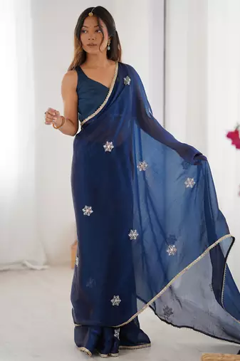 blue fandy silk blend moti & val sequence designer saree