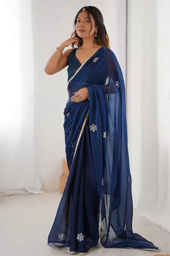 blue fandy silk blend moti & val sequence designer saree