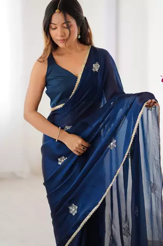 blue fandy silk blend moti & val sequence designer saree