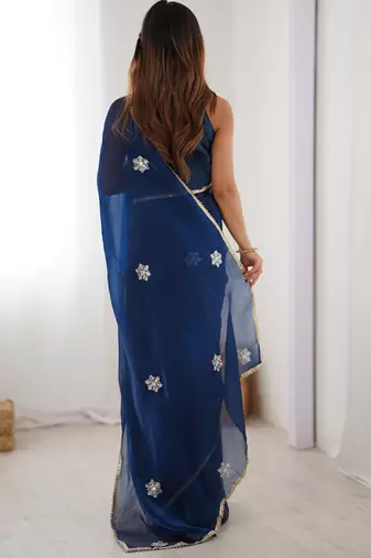 blue fandy silk blend moti & val sequence designer saree