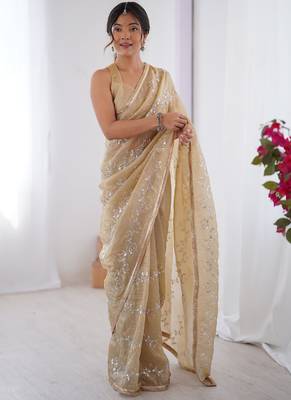 beige organza moti & val sequence party wear saree 1
