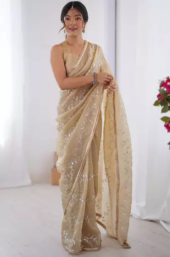 beige organza moti & val sequence  party wear saree