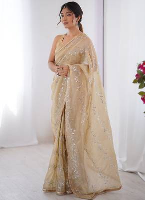 beige organza moti & val sequence party wear saree 2