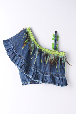 woven denim sleeveless solid top with printed palazzo-blue & limegreen 4