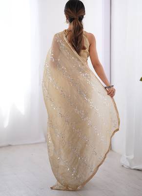 beige organza moti & val sequence party wear saree 4