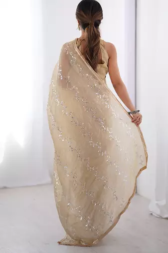 beige organza moti & val sequence party wear saree