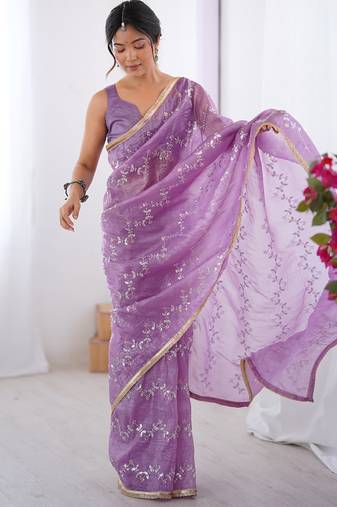 lavender organza moti & val sequence  party wear saree