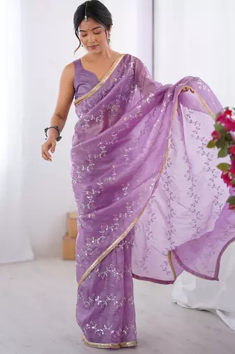 lavender organza moti & val sequence  party wear saree