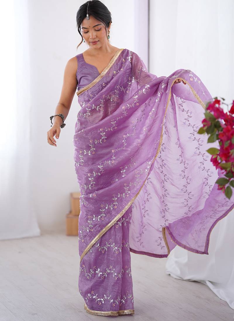lavender organza moti & val sequence  party wear saree