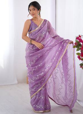lavender organza moti & val sequence party wear saree 2