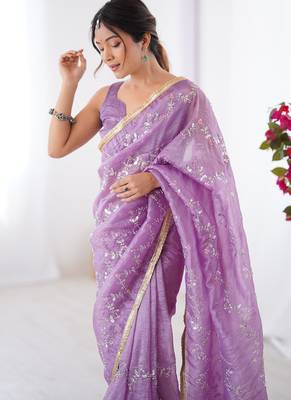 lavender organza moti & val sequence party wear saree 3