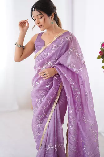 lavender organza moti & val sequence party wear saree