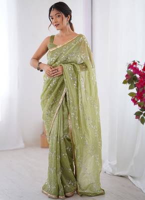 light green organza moti & val sequence party wear saree 1