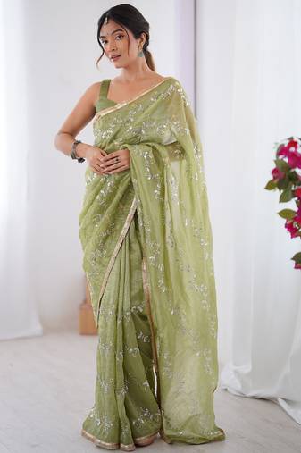 light green organza moti & val sequence  party wear saree