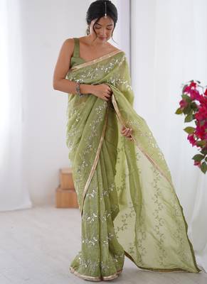 light green organza moti & val sequence party wear saree 2