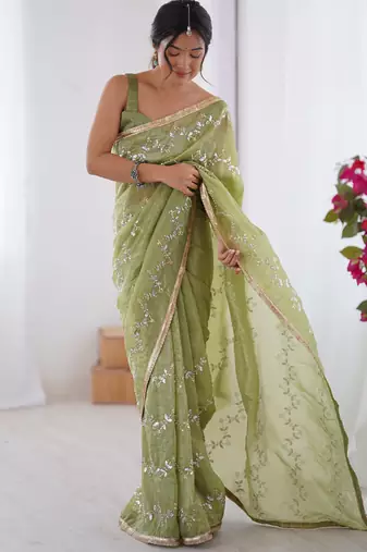 light green organza moti & val sequence party wear saree