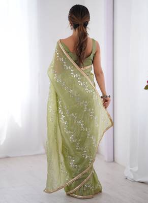 light green organza moti & val sequence party wear saree 4