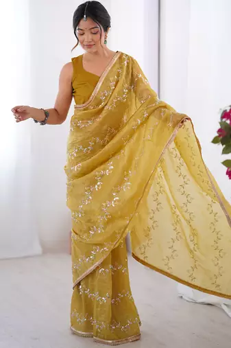 mustard organza moti & val sequence  party wear saree