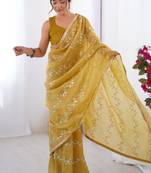 mustard organza moti & val sequence party wear saree