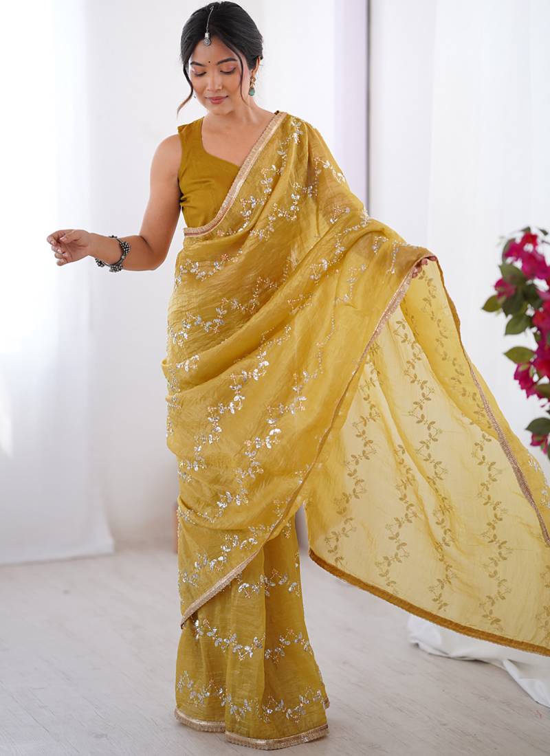 mustard organza moti & val sequence  party wear saree