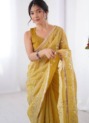 mustard organza moti & val sequence party wear saree 2