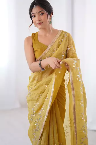 mustard organza moti & val sequence party wear saree
