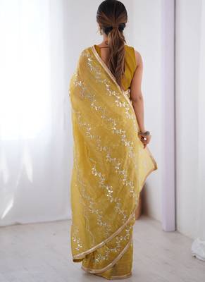 mustard organza moti & val sequence party wear saree 3