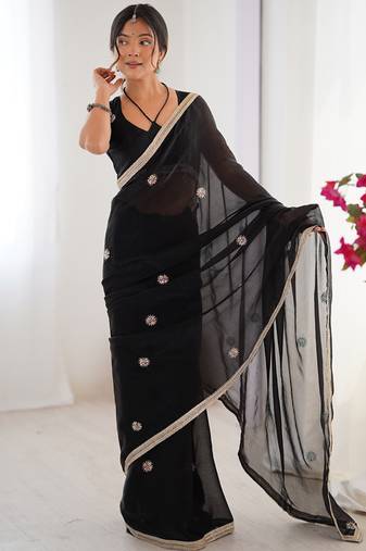 black fandy silk blend moti & val sequence designer saree