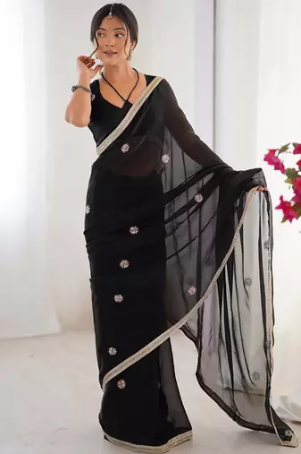 black fandy silk blend moti & val sequence designer saree
