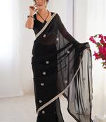 black fandy silk blend moti & val sequence designer saree