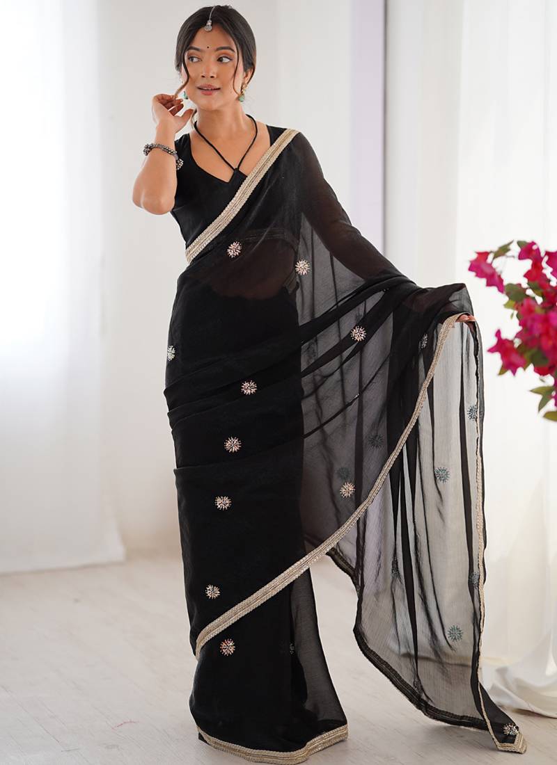 black fandy silk blend moti & val sequence designer saree