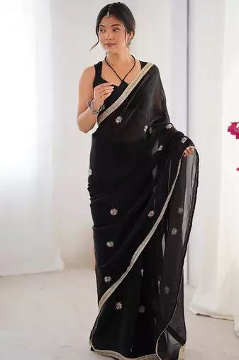 black fandy silk blend moti & val sequence designer saree