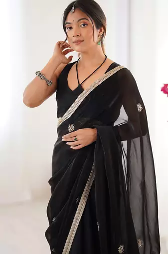 black fandy silk blend moti & val sequence designer saree