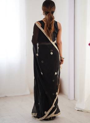 black fandy silk blend moti & val sequence designer saree 4
