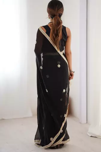 black fandy silk blend moti & val sequence designer saree