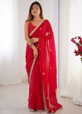 red fandy silk blend moti & val sequence designer saree 1