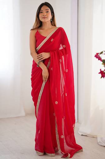 red fandy silk blend moti & val sequence designer saree