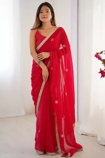 red fandy silk blend moti & val sequence designer saree
