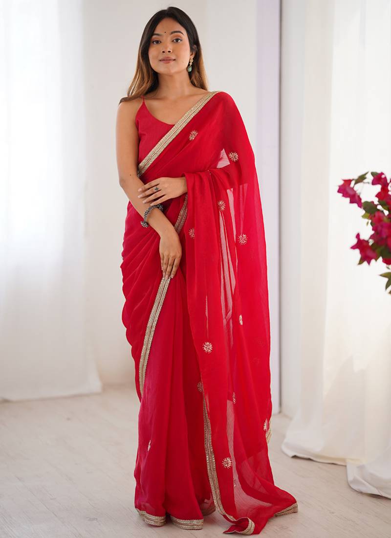 red fandy silk blend moti & val sequence designer saree