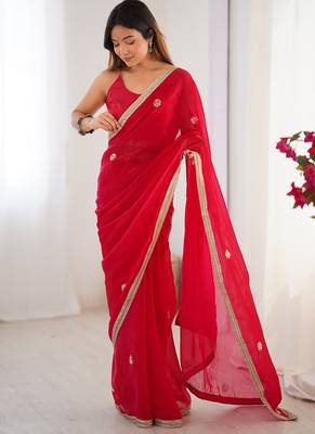 red fandy silk blend moti & val sequence designer saree 2