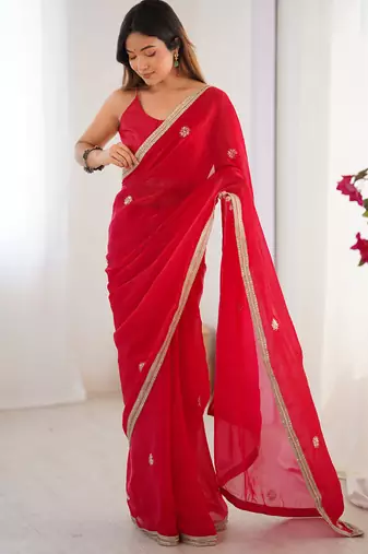 red fandy silk blend moti & val sequence designer saree
