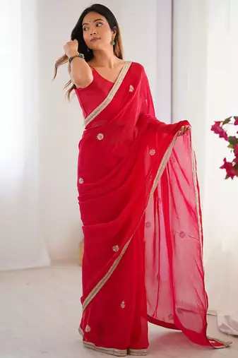 red fandy silk blend moti & val sequence designer saree