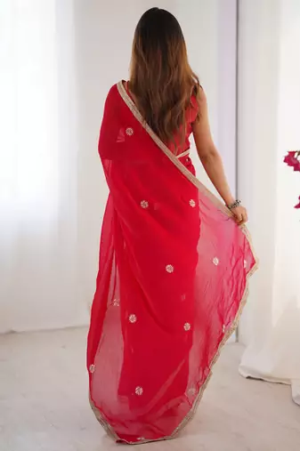 red fandy silk blend moti & val sequence designer saree