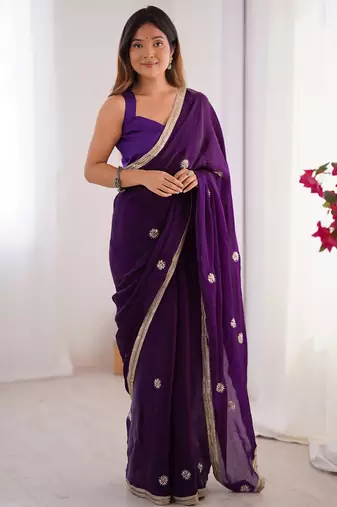 violet fandy silk blend moti & val sequence designer saree
