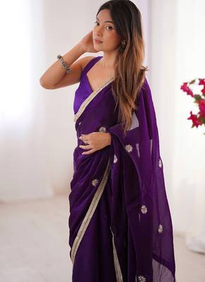 violet fandy silk blend moti & val sequence designer saree 3
