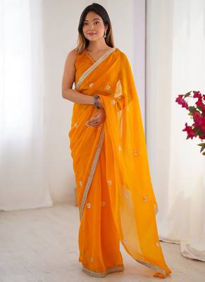 yellow fandy silk blend moti & val sequence designer saree 1